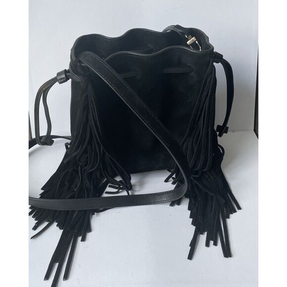 New $158  Madewell The Mini Drawstring Crossbody Black Suede Fringe Bucket Bag - Picture 4 of 4